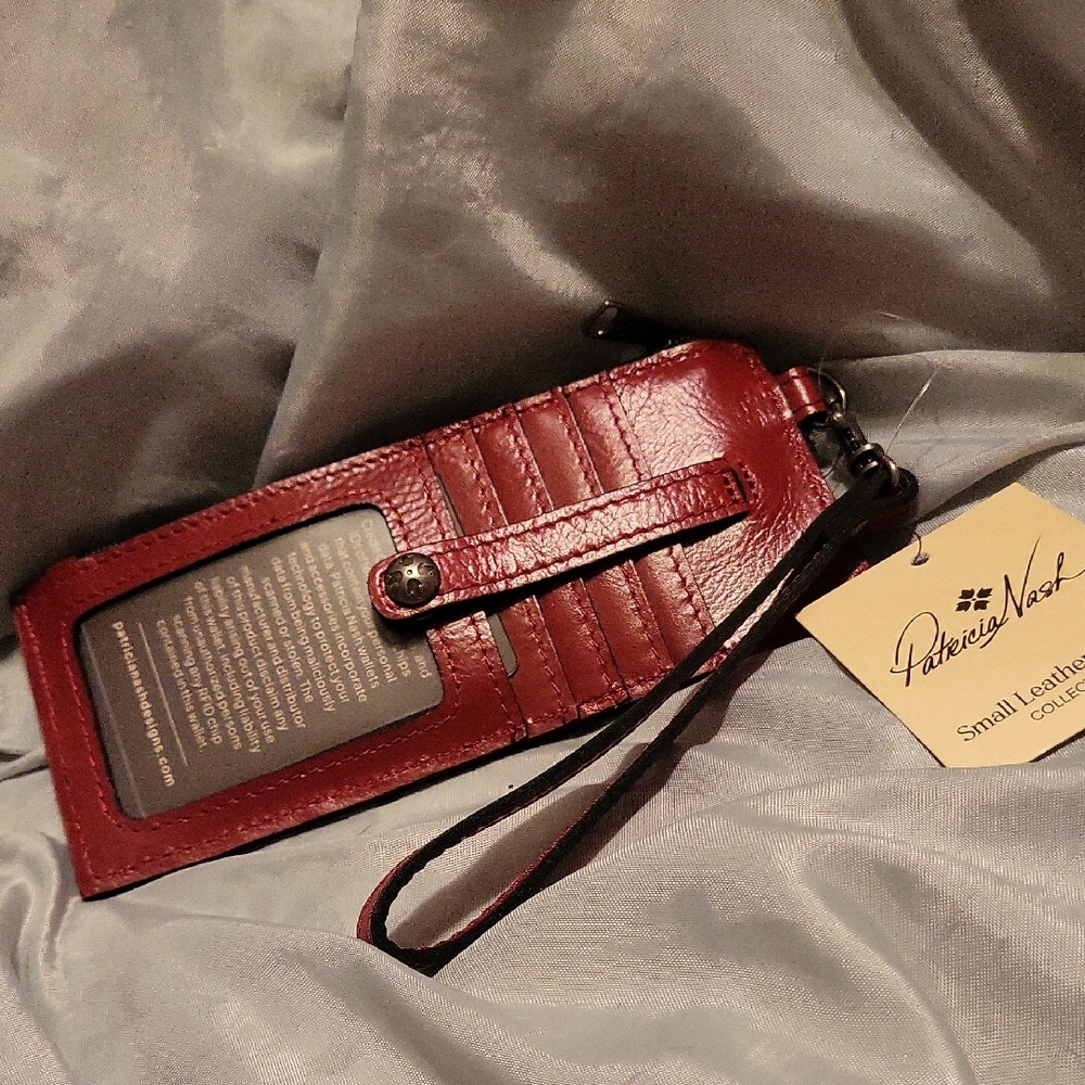 Patricia Nash Alanna Berry Red Leather Wristlet credit Card Holder with Strap Ha